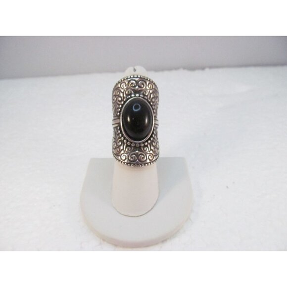 Ornate Swirl Full Finger Silver Plated Copper Ring with Black Cabochon - Picture 3 of 16